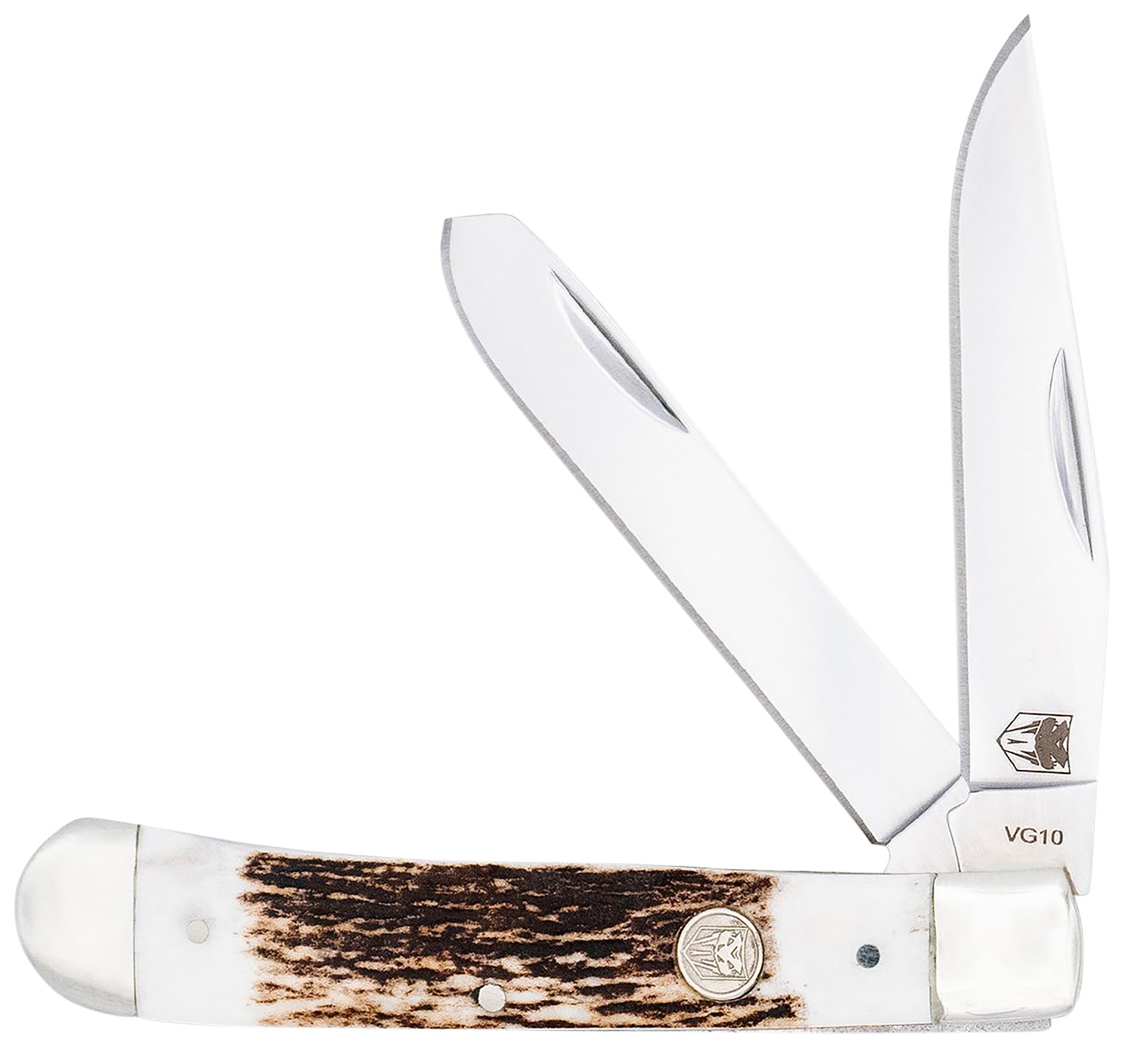 CobraTec Knives CTTDTRPSTAG Trapper  Folding 2.88" Clip Point, 2.94" Spey Plain Polished VG-10 SS Blades, 4.44" Stag Bone Scales/SS Handle