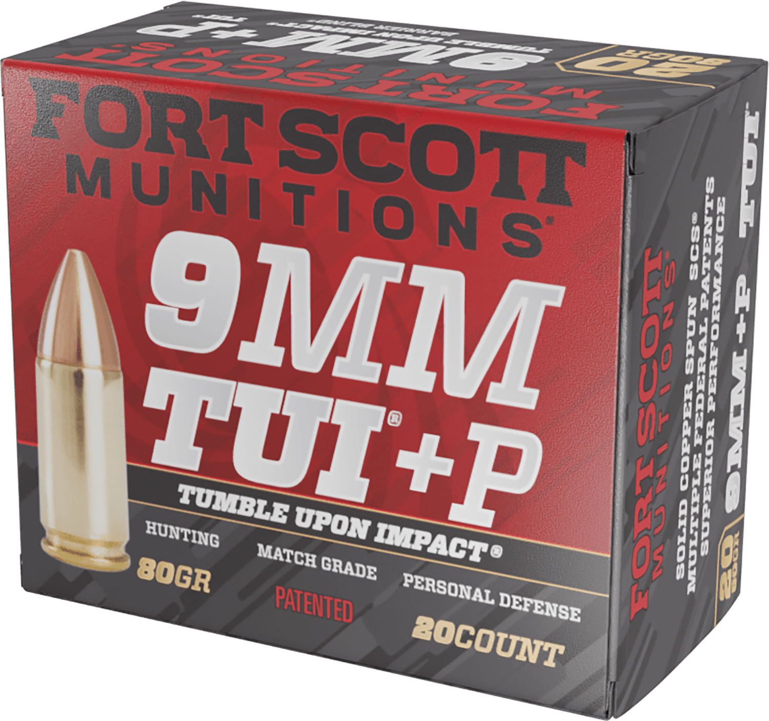 Fort Scott Munitions 9MM+P-080-SCV Tumble Upon Impact (TUI)  9mm+P 80gr Solid Copper Spun 20 Per Box/25 Case