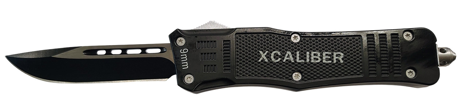 Xcaliber Knife Company  9mm  Large 3.80" OTF Drop Point Black 440C SS Blade, 5.30" Steel Handle