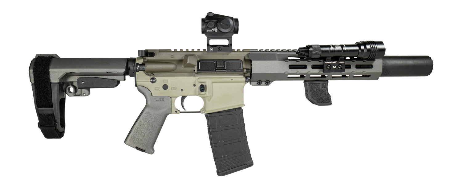 Shark Coast Tactical SCCSNKYSD556002 Sneeky Pete Deluxe 5.56 NATO 30+1 7.50" Threaded Barrel Aluminum Receiver w/Picatinny Rail, M-LOK Handguard, Polymer SB Tactical SBA3 Brace, Vortex Crossfire Red D