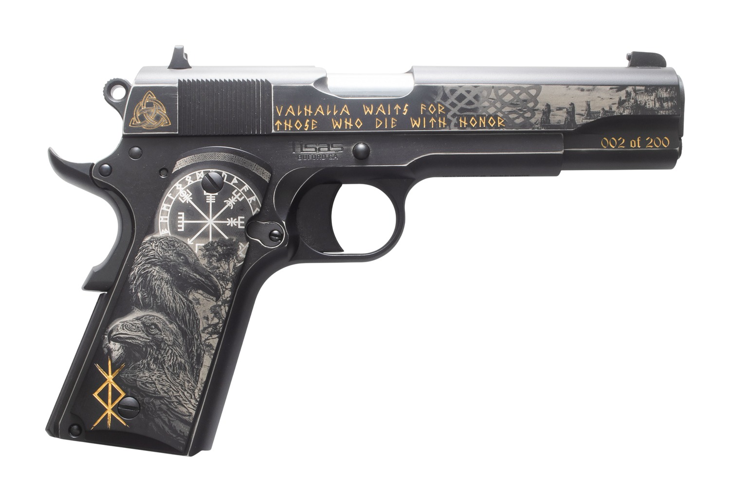 Tisas Arms Customs 10100516AA10 1911 A1 Stakeout Norse God Sports South Exclusive 45 ACP 8+1 5" Carbon Steel Serrated Slide Carbon Steel Frame w/Beavertail
