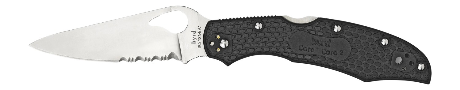 Spyderco BY03PSBK2 Byrd Cara Cara 2 Lightweight 3.75" Folding Drop Point Part Serrated 8Cr13MoV SS Blade Black  Textured FRN Handle Includes Pocket Clip