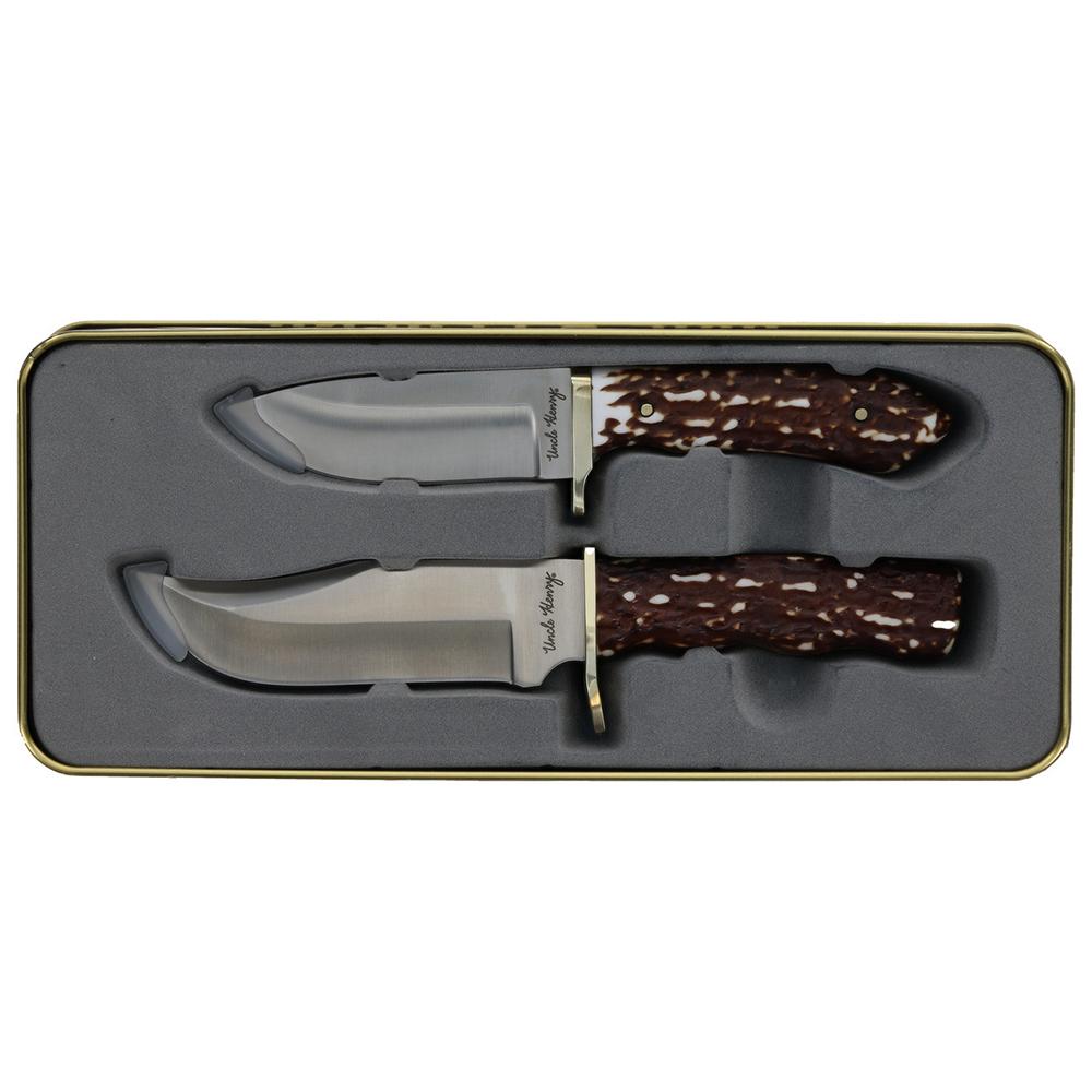Uncle Henry Fixed Combo Gift Tin Set 2 Knives 3-1/4" Drop Point Blade 4-1/4" Blade
