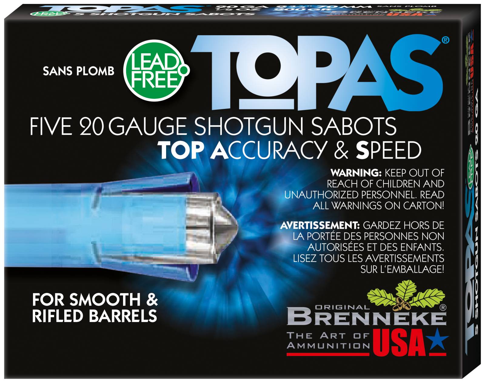 BRENNEKE TOPAS LEAD FREE SABOT SLUG AMO 20GA 2.75 IN 1/2OZ  5-RD